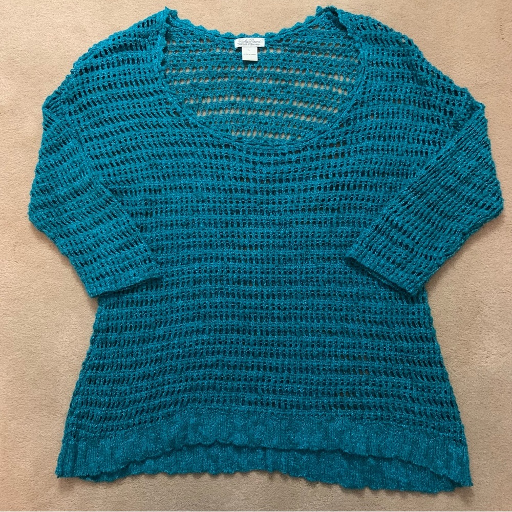 Lucky Brand teal open knit crochet scoop neck sweater